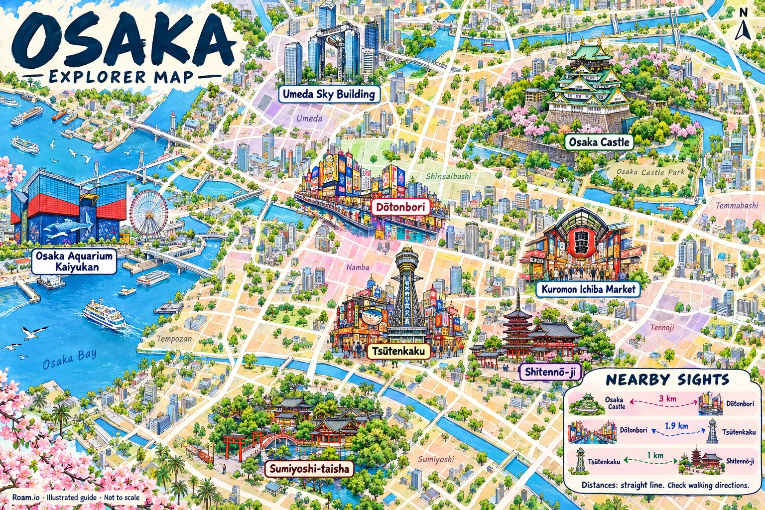Illustrated tourist map of Osaka, Japan, featuring Osaka Castle, Dōtonbori, Tsūtenkaku, Shitennō-ji.