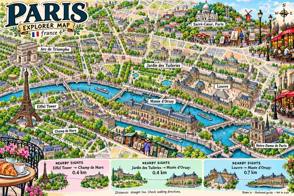 Illustrated tourist map of Paris, France, featuring Eiffel Tower, Champ de Mars, Arc de Triomphe.