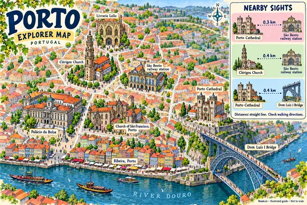 Illustrated tourist map of Porto, Portugal, featuring Porto Cathedral, Dom Luís I Bridge, Clérigos Church.