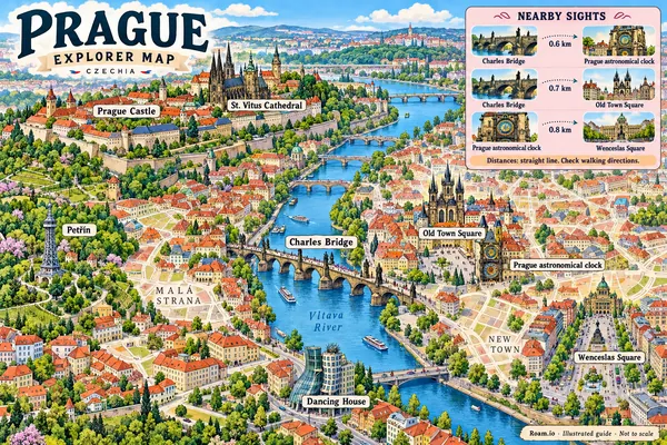 Illustrated tourist map of Prague, Czechia, featuring Prague Castle, St. Vitus Cathedral, Charles Bridge.