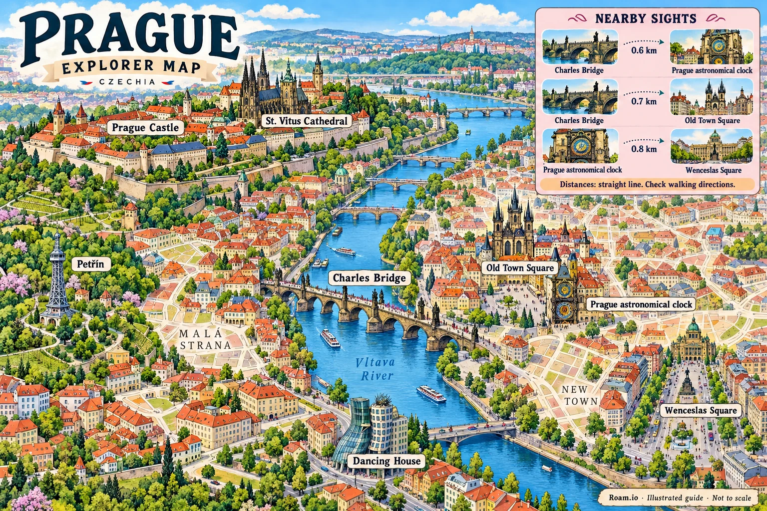 Illustrated tourist map of Prague, Czechia, featuring Prague Castle, St. Vitus Cathedral, Charles Bridge, Old Town Square.