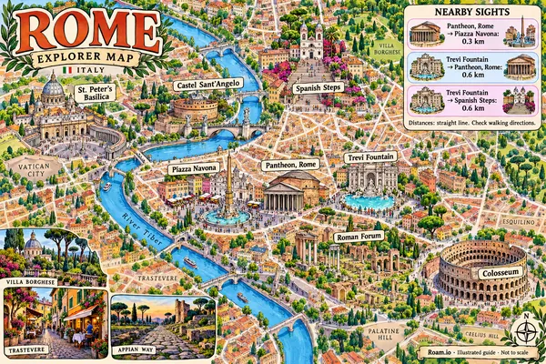 Illustrated tourist map of Rome, Italy, featuring Colosseum, Roman Forum, Trevi Fountain.