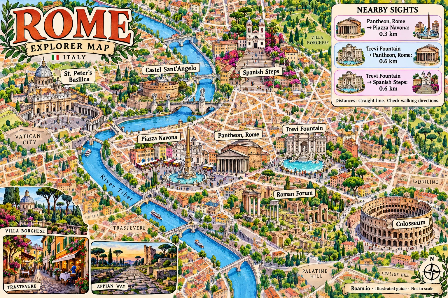 Illustrated tourist map of Rome, Italy, featuring Colosseum, Roman Forum, Trevi Fountain, Pantheon, Rome.