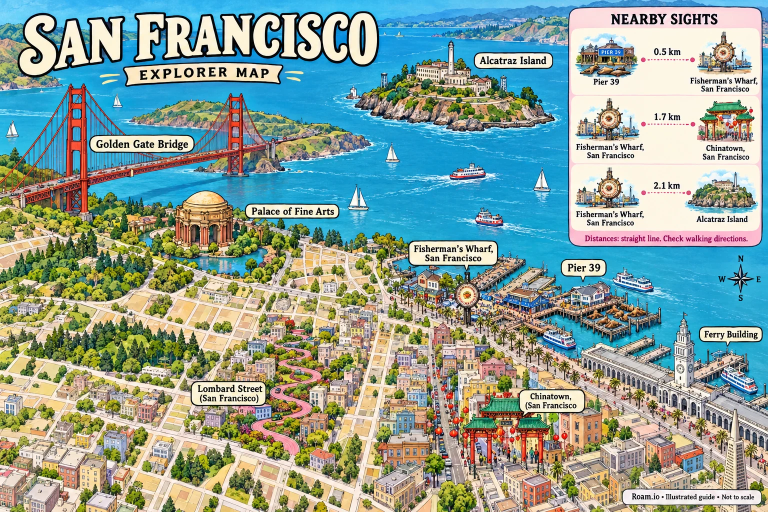 Illustrated tourist map of San Francisco, United States, featuring Golden Gate Bridge, Palace of Fine Arts, Lombard Street (San Francisco), Pier 39.