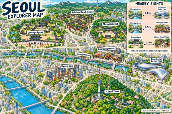 Illustrated tourist map of Seoul, South Korea, featuring Gyeongbokgung, Bukchon Hanok Village, Changdeokgung.