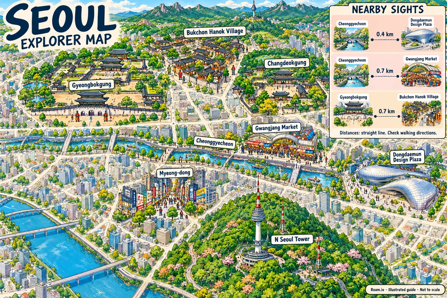 Illustrated tourist map of Seoul, South Korea, featuring Gyeongbokgung, Bukchon Hanok Village, Changdeokgung, N Seoul Tower.