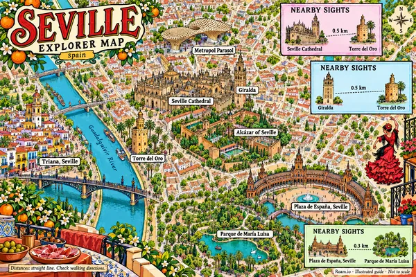 Illustrated tourist map of Seville, Spain, featuring Seville Cathedral, Giralda, Alcázar of Seville.