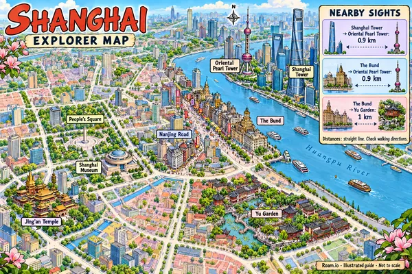 Illustrated tourist map of Shanghai, China, featuring The Bund, Yu Garden, Shanghai Tower.