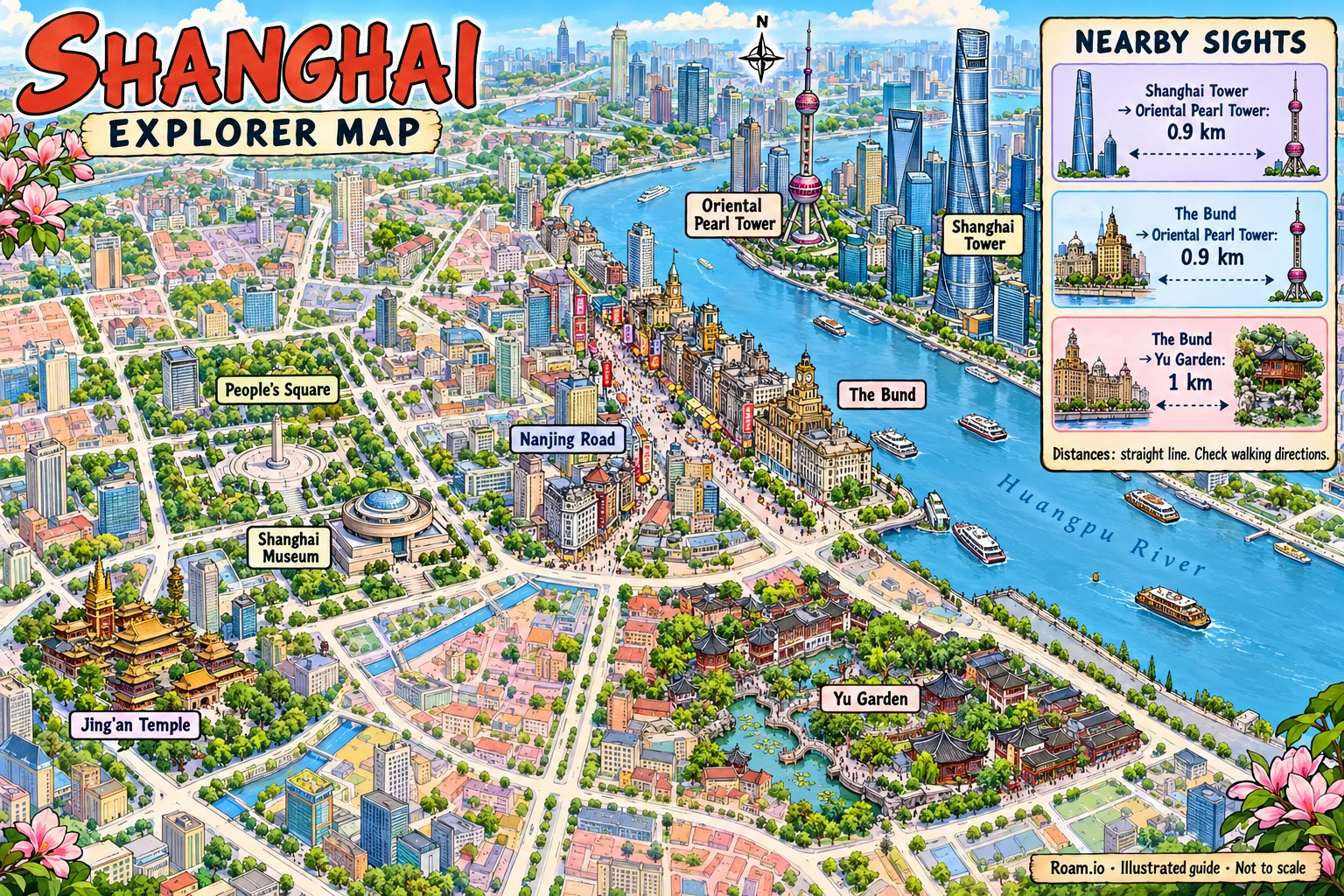 Illustrated tourist map of Shanghai, China, featuring The Bund, Yu Garden, Shanghai Tower, Oriental Pearl Tower.