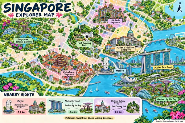 Illustrated tourist map of Singapore, Singapore, featuring Marina Bay Sands, Gardens by the Bay, Merlion.