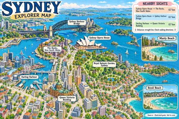 Illustrated tourist map of Sydney, Australia, featuring Sydney Opera House, Sydney Harbour Bridge, The Rocks, New South Wales.