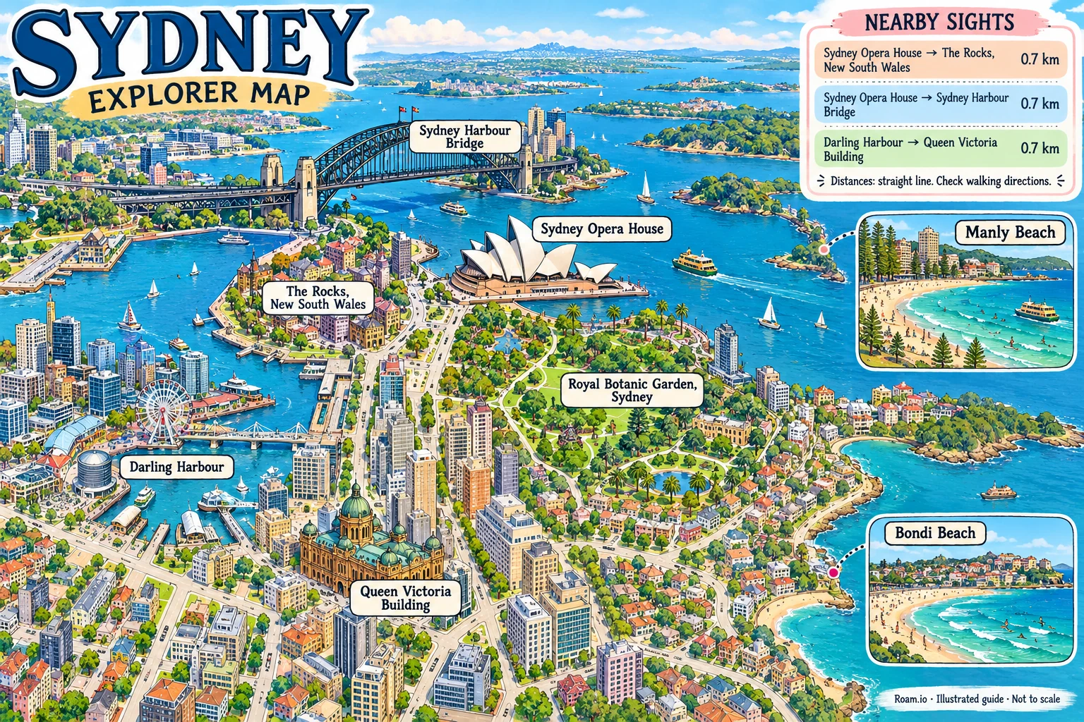 Illustrated tourist map of Sydney, Australia, featuring Sydney Opera House, Sydney Harbour Bridge, The Rocks, New South Wales, Royal Botanic Garden, Sydney.