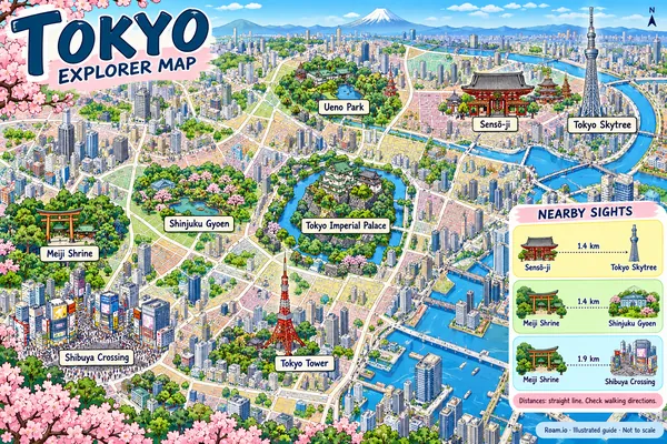 Illustrated tourist map of Tokyo, Japan, featuring Sensō-ji, Tokyo Skytree, Ueno Park.