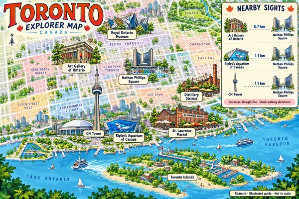 Illustrated tourist map of Toronto, Canada, featuring CN Tower, Ripley's Aquarium of Canada, St. Lawrence Market.