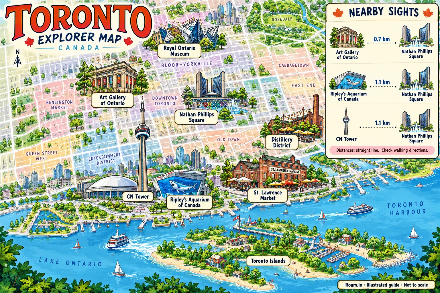 Illustrated tourist map of Toronto, Canada, featuring CN Tower, Ripley's Aquarium of Canada, St. Lawrence Market, Distillery District.