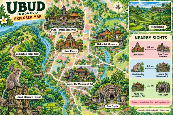 Illustrated tourist map of Ubud, Indonesia, featuring Ubud Palace, Ubud Monkey Forest, Pura Taman Saraswati.