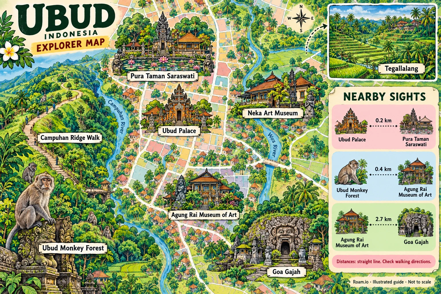 Illustrated tourist map of Ubud, Indonesia, featuring Ubud Palace, Ubud Monkey Forest, Pura Taman Saraswati, Campuhan Ridge Walk.