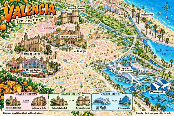Illustrated tourist map of Valencia, Spain, featuring Valencia Cathedral, Plaza de la Virgen, Llotja de la Seda.
