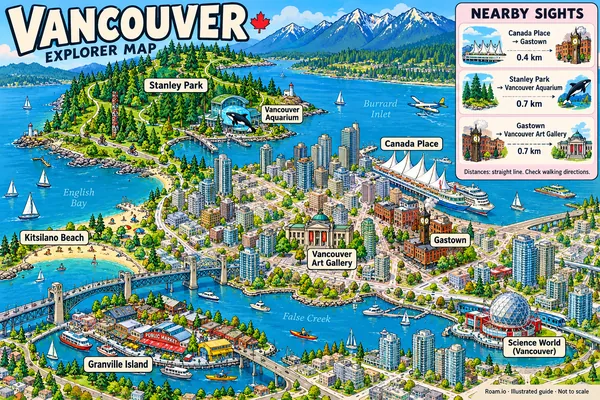 Illustrated tourist map of Vancouver, Canada, featuring Stanley Park, Vancouver Aquarium, Canada Place.