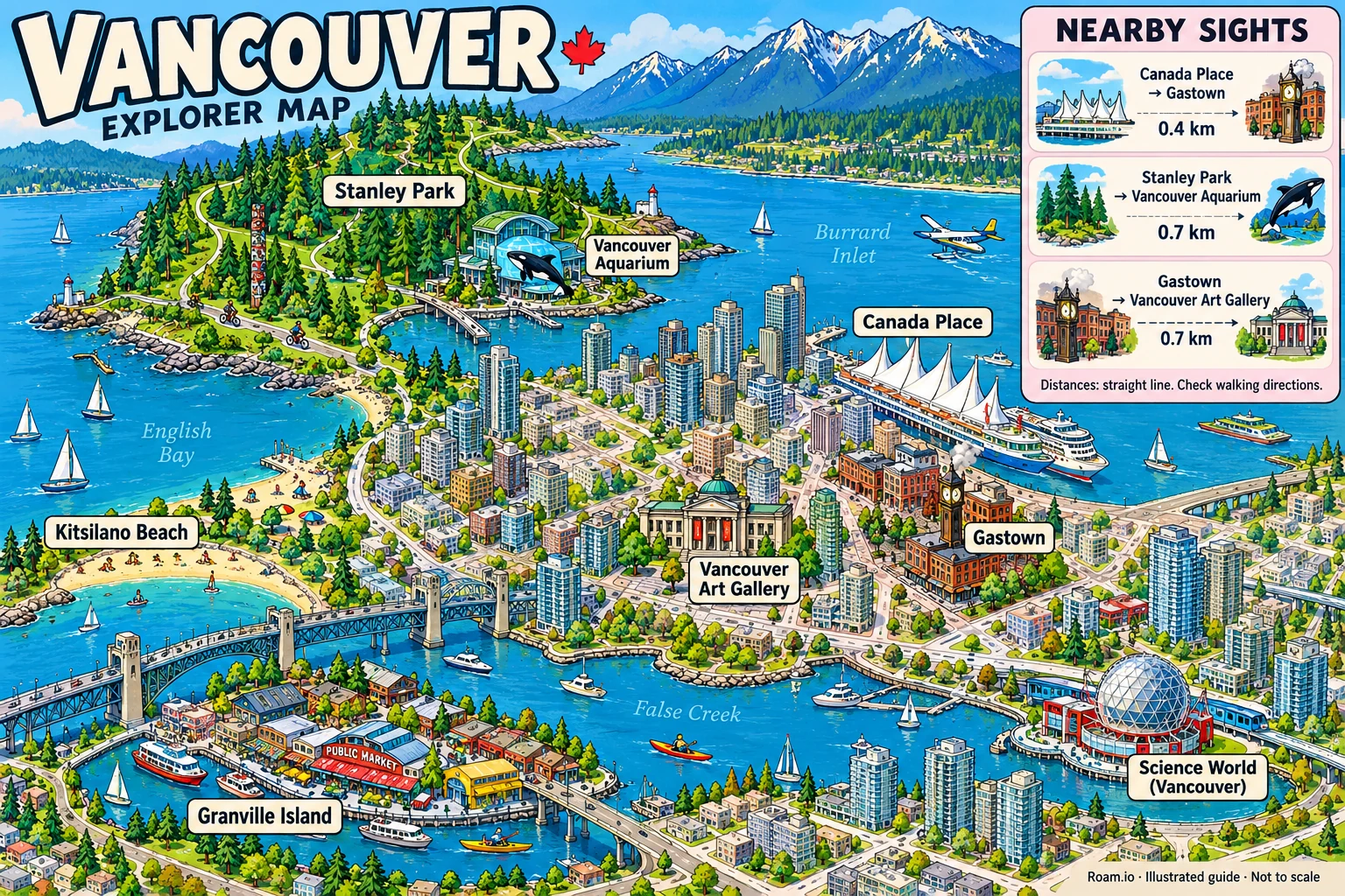 Illustrated tourist map of Vancouver, Canada, featuring Stanley Park, Vancouver Aquarium, Canada Place, Gastown.