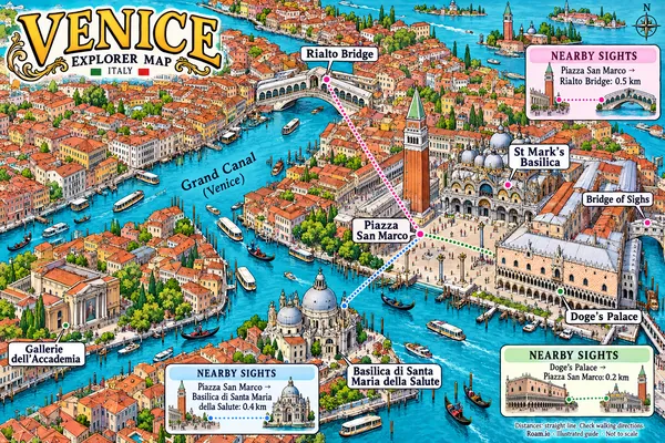 Illustrated tourist map of Venice, Italy, featuring St Mark's Basilica, Doge's Palace, Piazza San Marco.