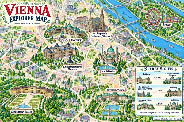 Illustrated tourist map of Vienna, Austria, featuring St. Stephen's Cathedral, Vienna, Hofburg, Vienna State Opera.