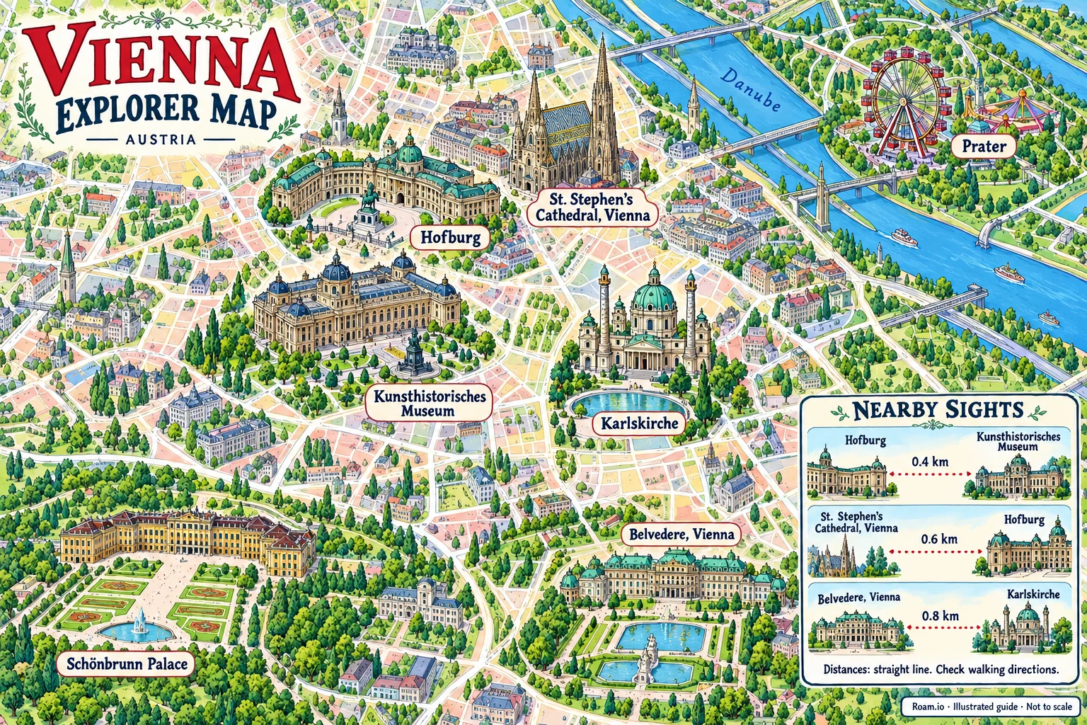 Illustrated tourist map of Vienna, Austria, featuring St. Stephen's Cathedral, Vienna, Hofburg, Vienna State Opera, Belvedere, Vienna.