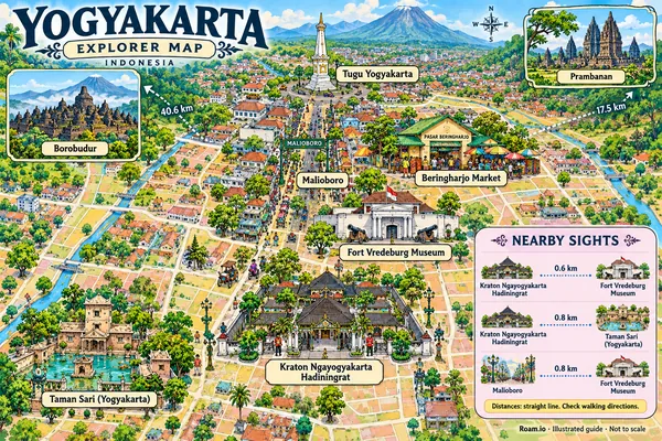 Illustrated tourist map of Yogyakarta, Indonesia, featuring Kraton Ngayogyakarta Hadiningrat, Taman Sari (Yogyakarta), Malioboro.