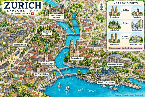 Illustrated tourist map of Zurich, Switzerland, featuring Grossmünster, Fraumünster, St. Peter, Zürich.